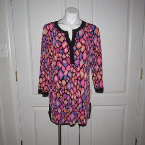 Dana Buchman L Abstract Brushstroke Print Split-Neck Tunic Top — Pink & Purple